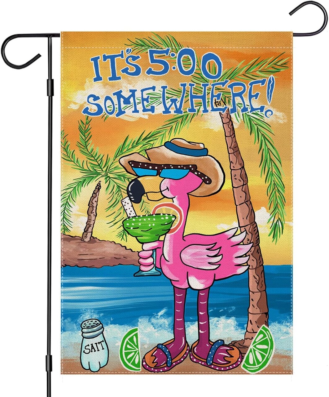 Summer Garden Flags 12x18 Inch Double Sided, Cartoon Flamingo Its 5 O'Clock SOMEWHERE Yard Decoration, Small Seasonal Outside Decor for Summer Outdoor Farmhouse Holiday